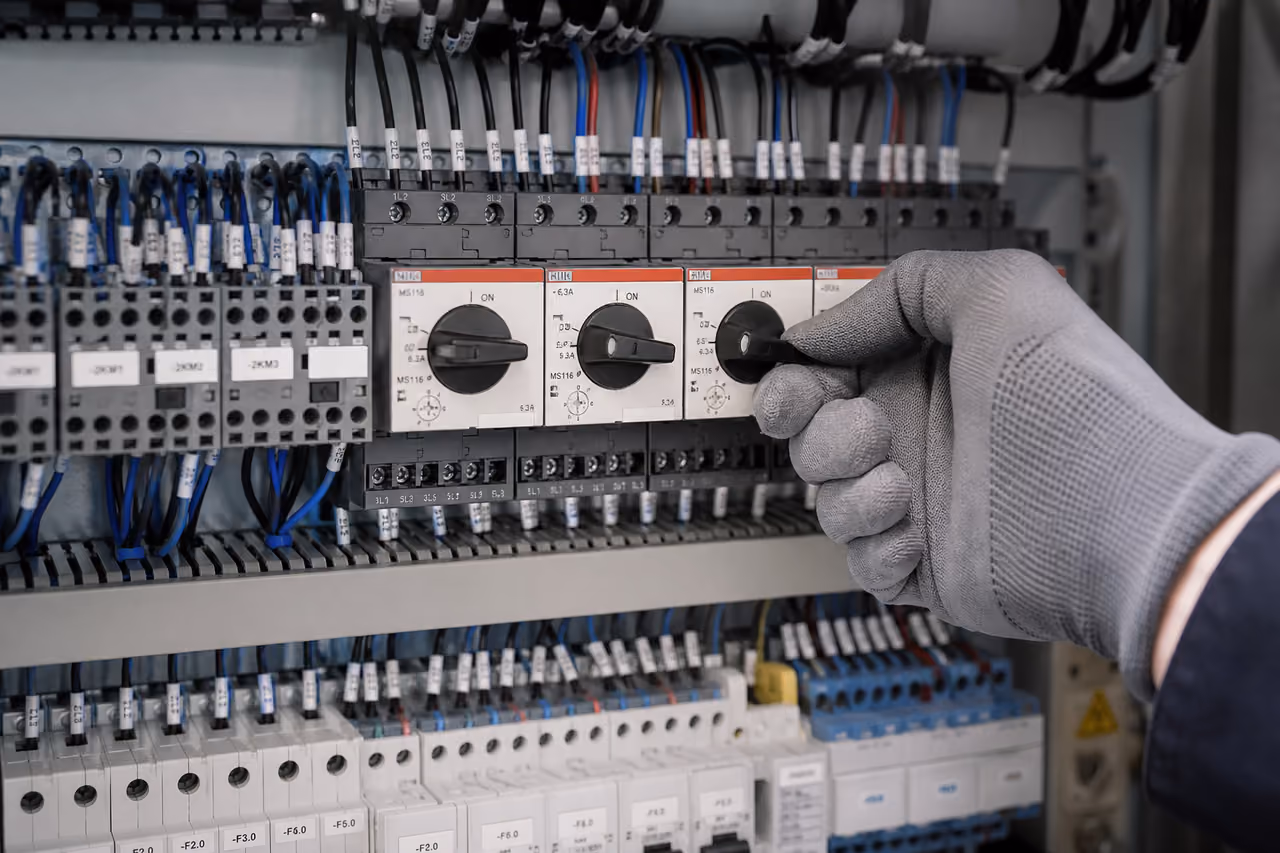 Technician Adjusting Industrial Switches in a Control Panel