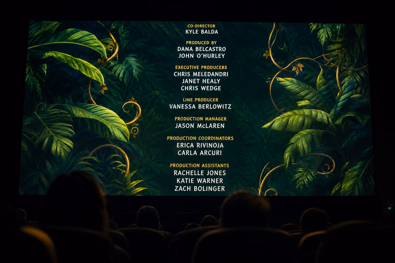 Movie Theater Screen Displaying Animated Jungle Film Credits