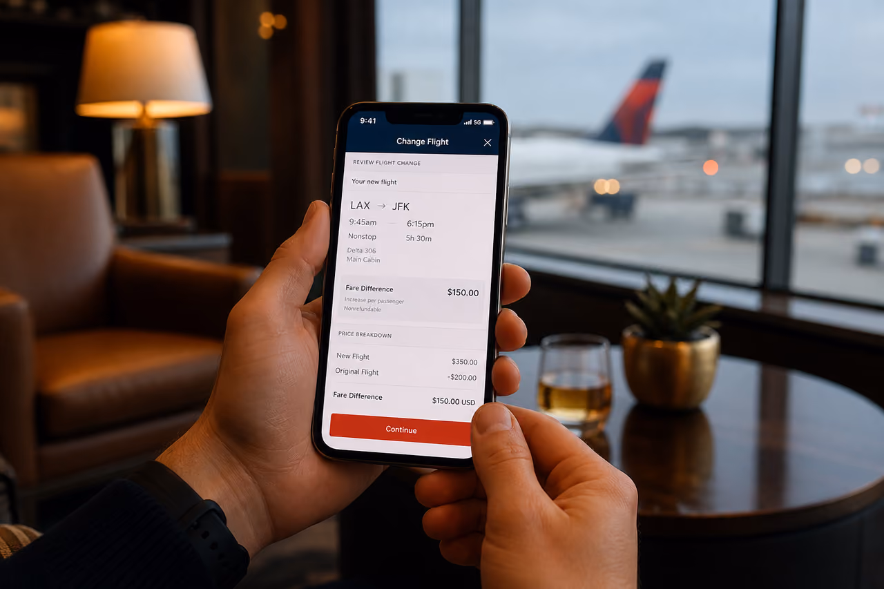 Traveler Checking Flight Change Costs on Smartphone in Airport Lounge