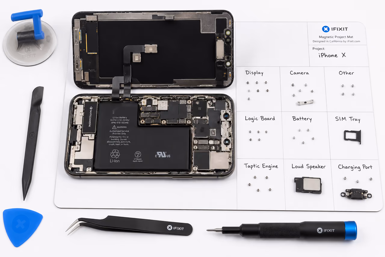 Disassembled Iphone X with Precision Repair Tools on White Mat