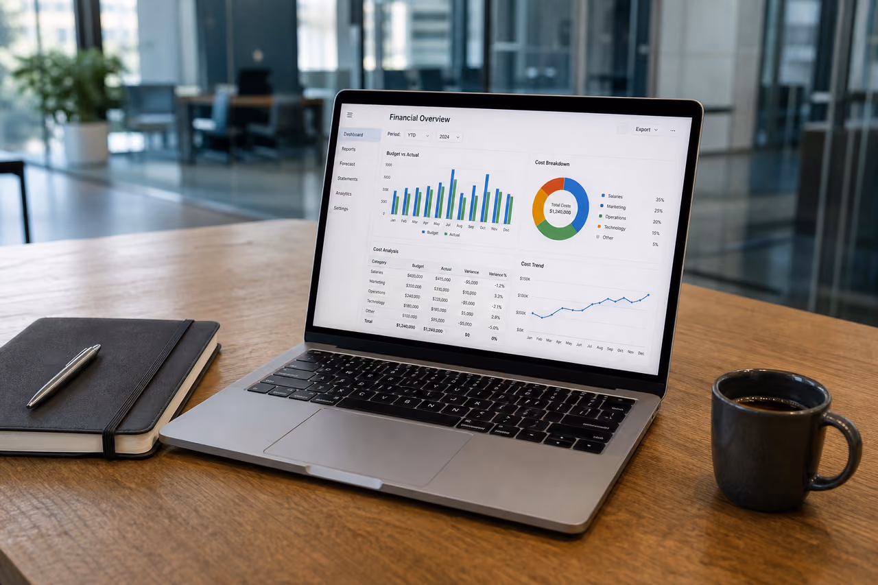 Financial Dashboard Displaying Contract Management System Cost on Laptop