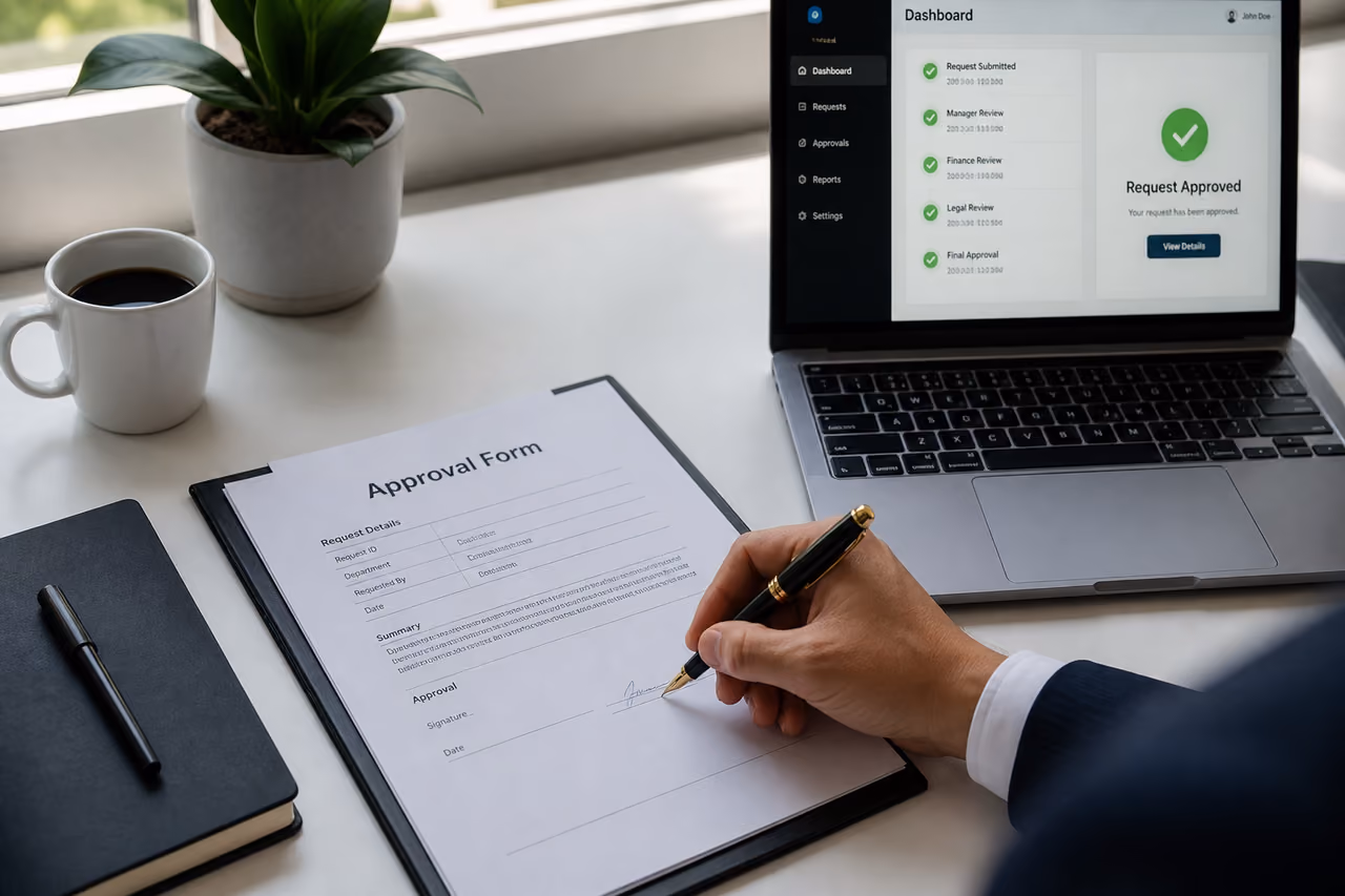 Executive Signing a Document During Approval Processing