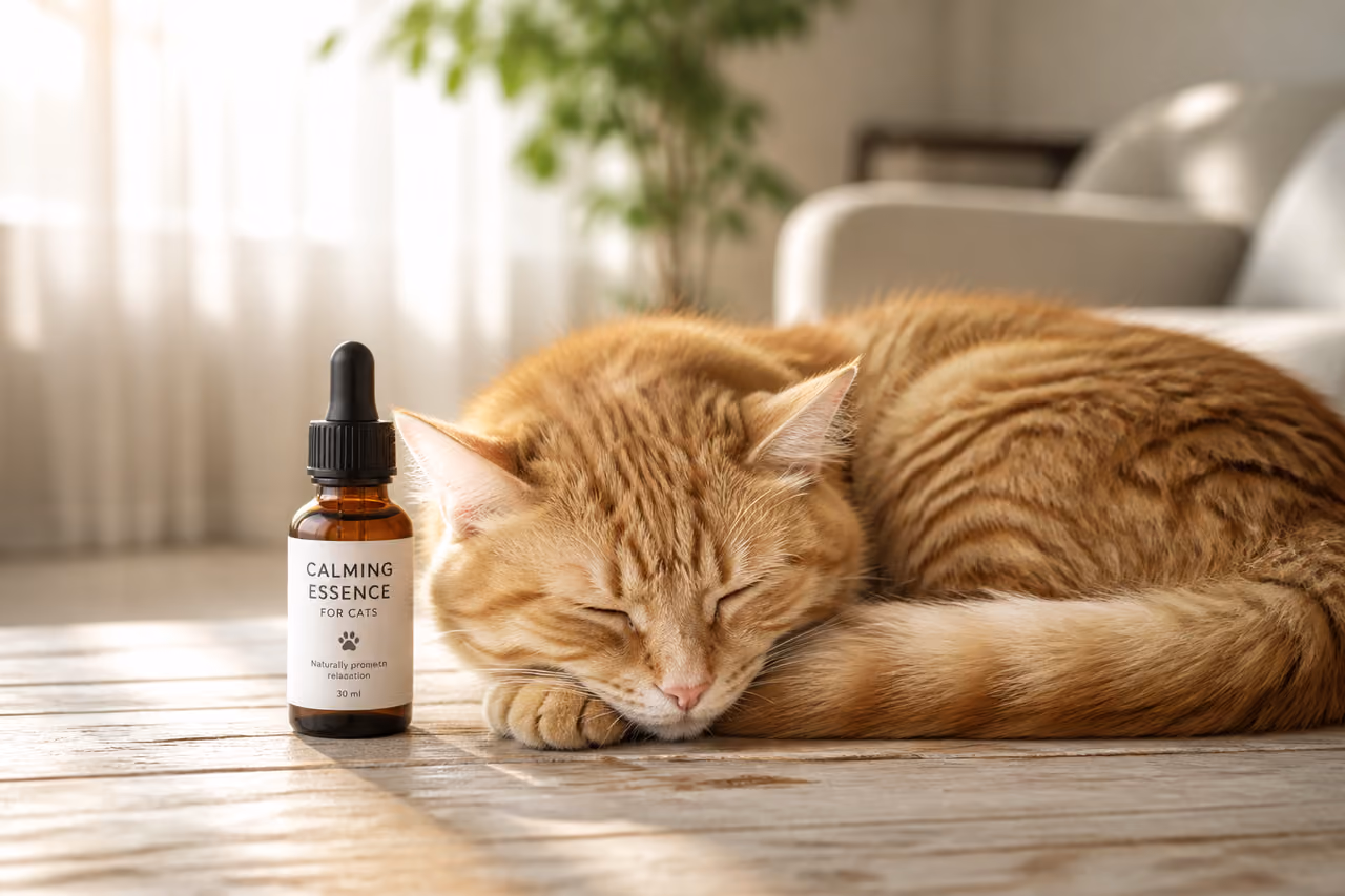 Sleeping Ginger Cat Beside a Bottle of Calming Essence