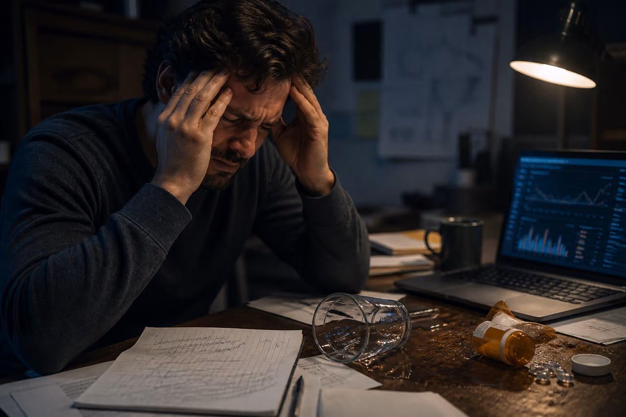 Stressed Man Clutching Head at Desk with Medication