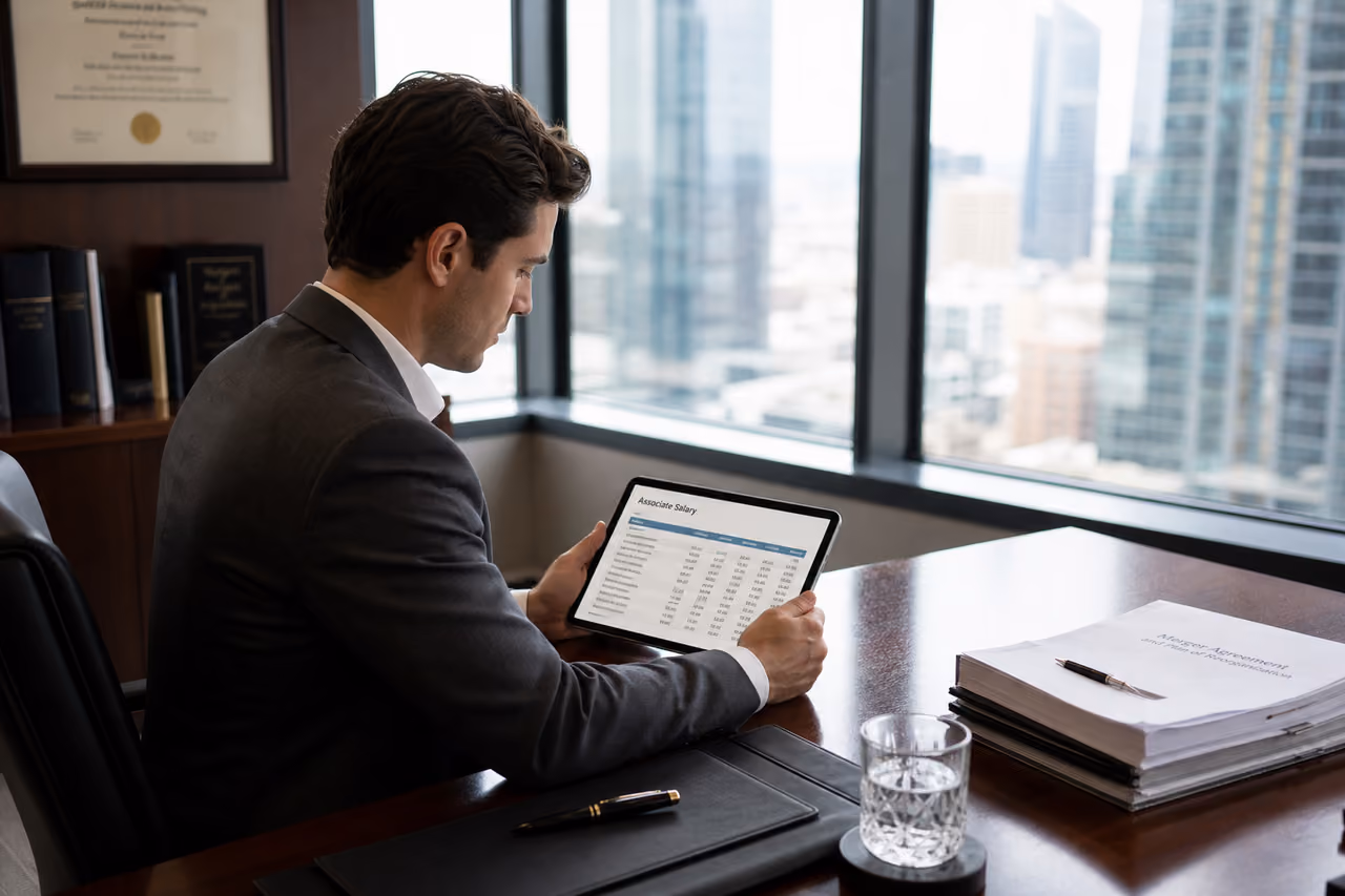 Associate Lawyer Reviewing Salary Data in Modern Office