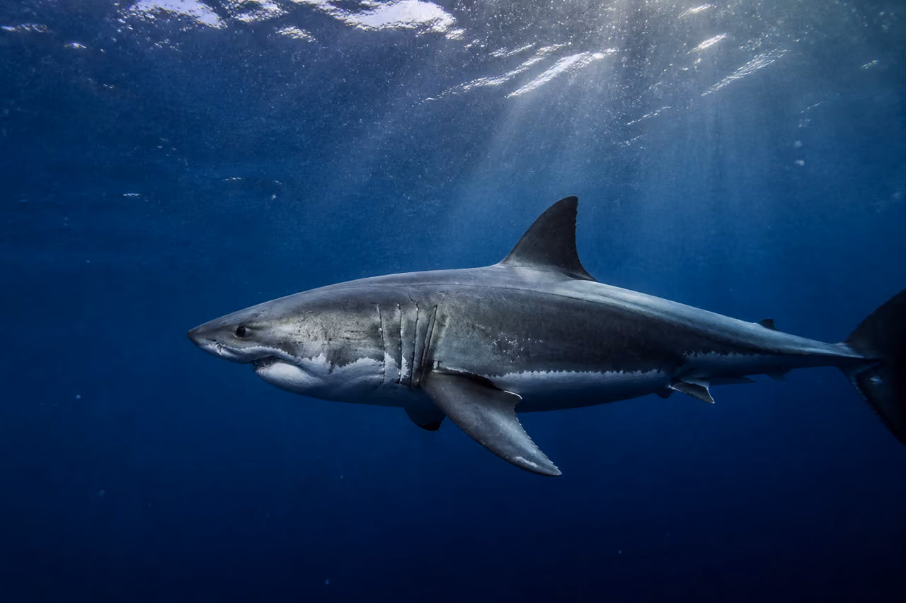 Great White Shark Swimming in Deep Blue Ocean