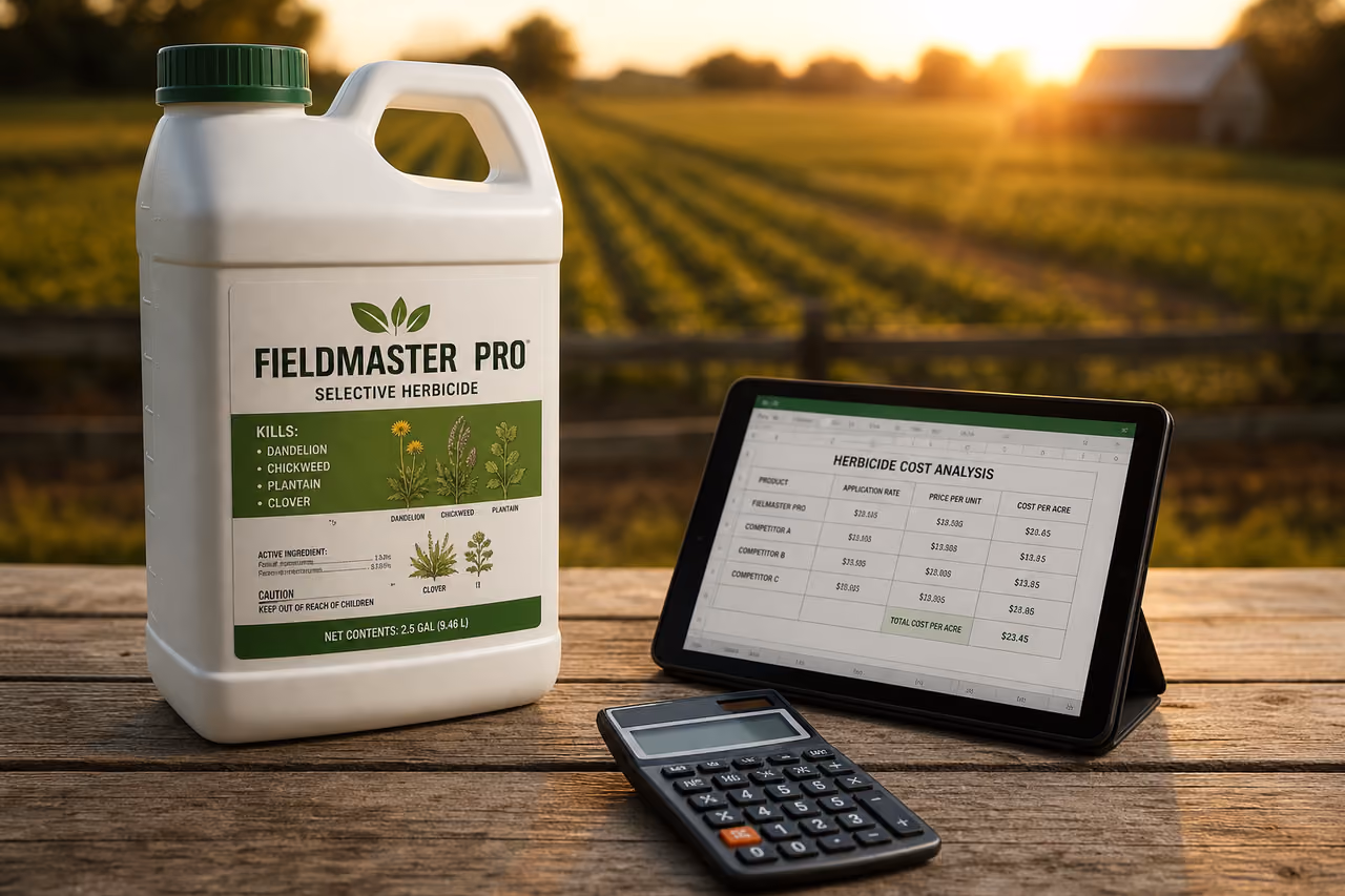 Herbicide Jug and Pricing Tablet on a Farm Table