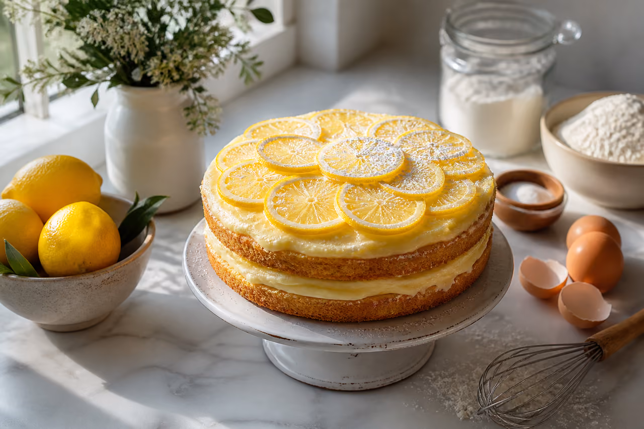 Homemade Lemon Cake with Fresh Citrus Slices on Marble