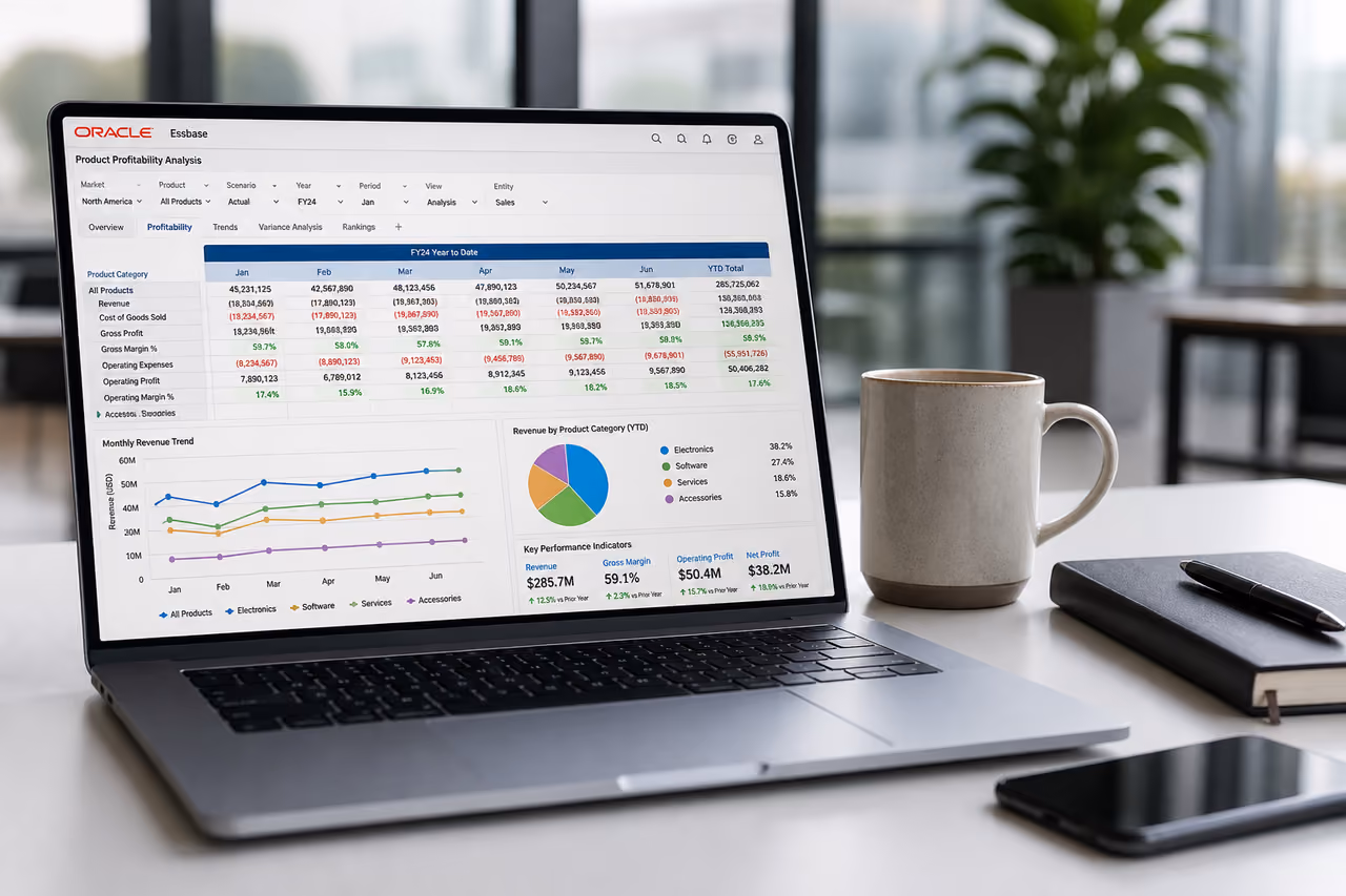 Financial Analyst Reviewing Essbase Reporting Dashboard on Laptop