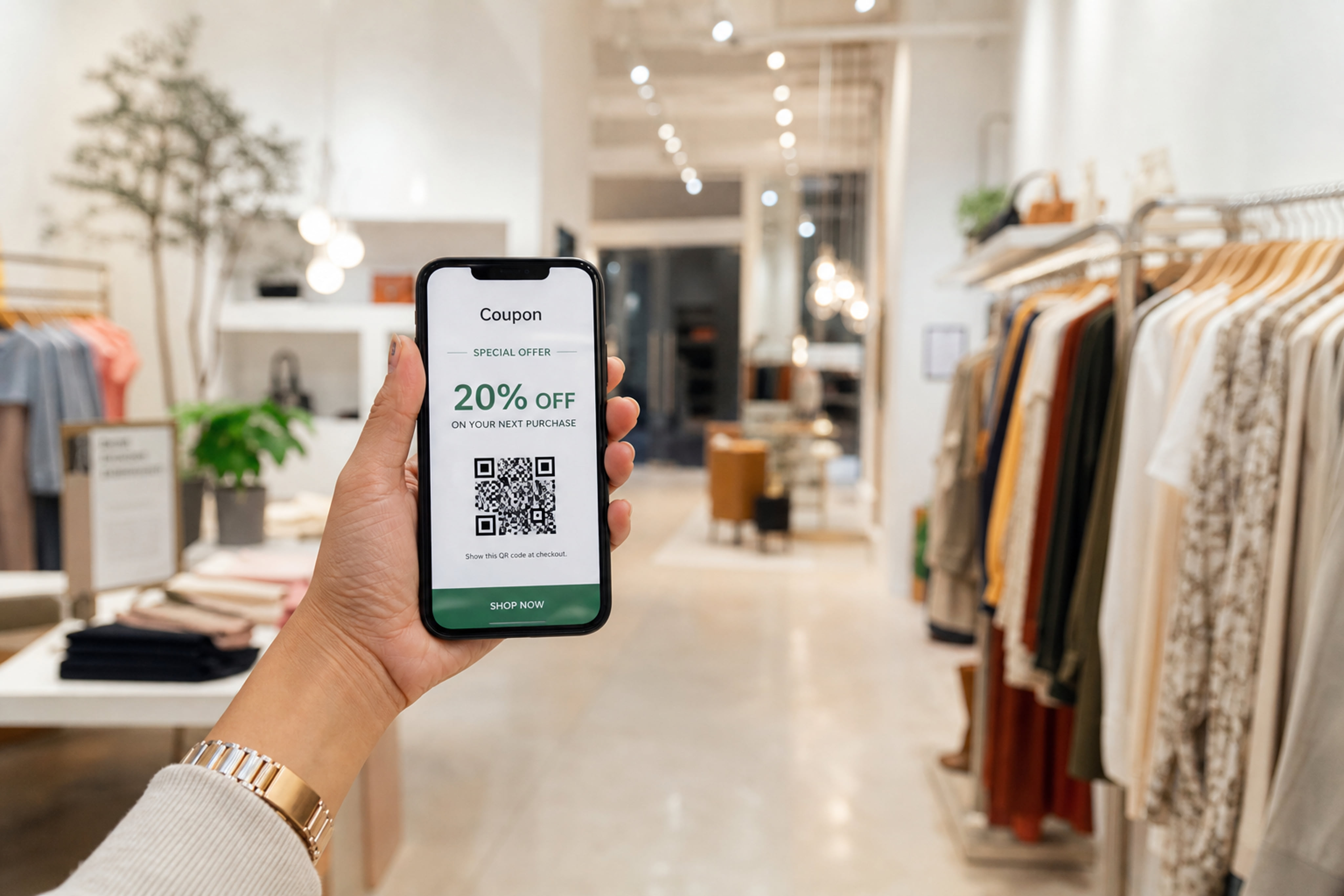 Woman Using Digital Voucher Inside a Fashion Boutique