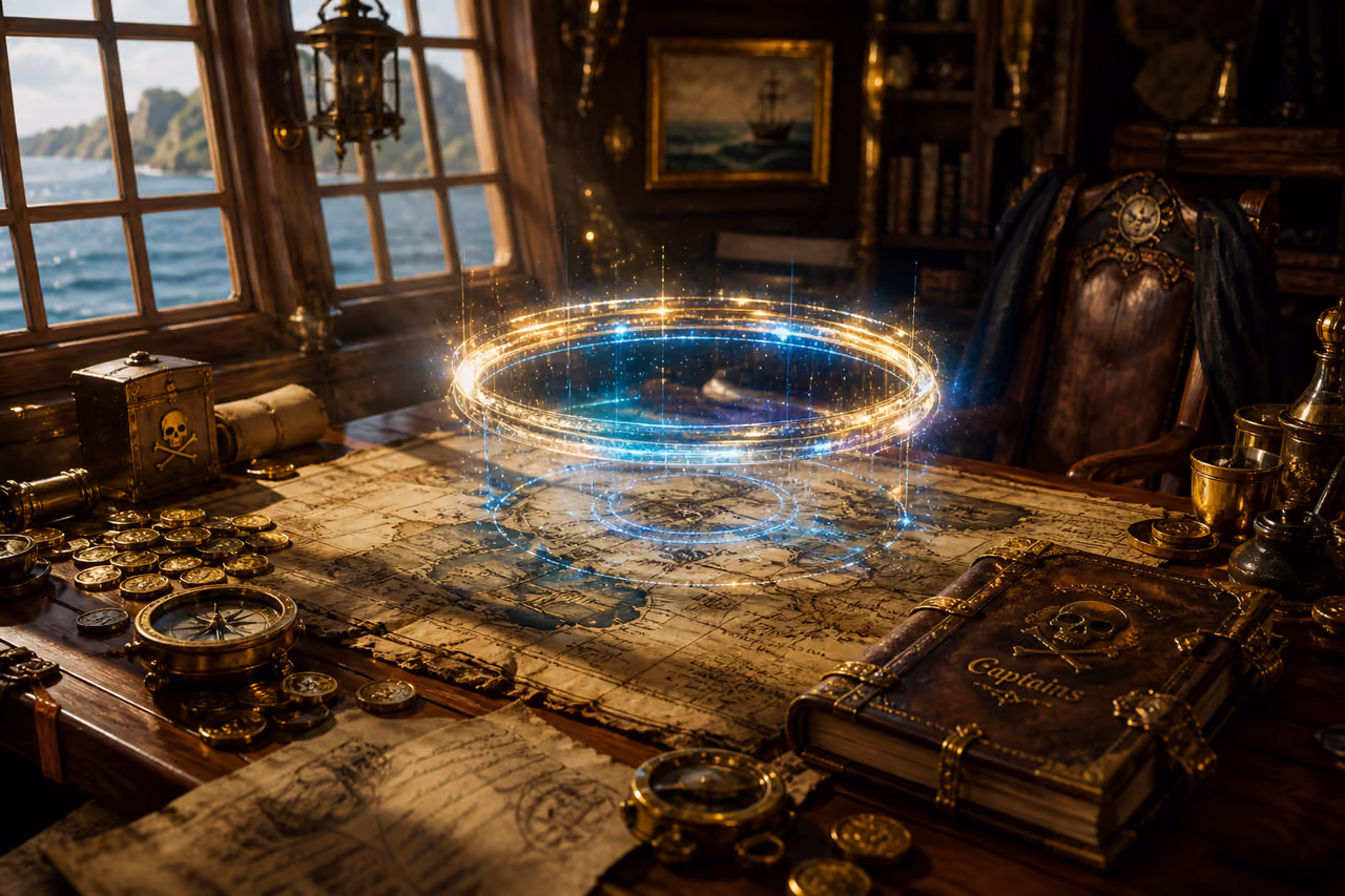 Glowing Holographic Halo Floating Above Pirate Navigation Map