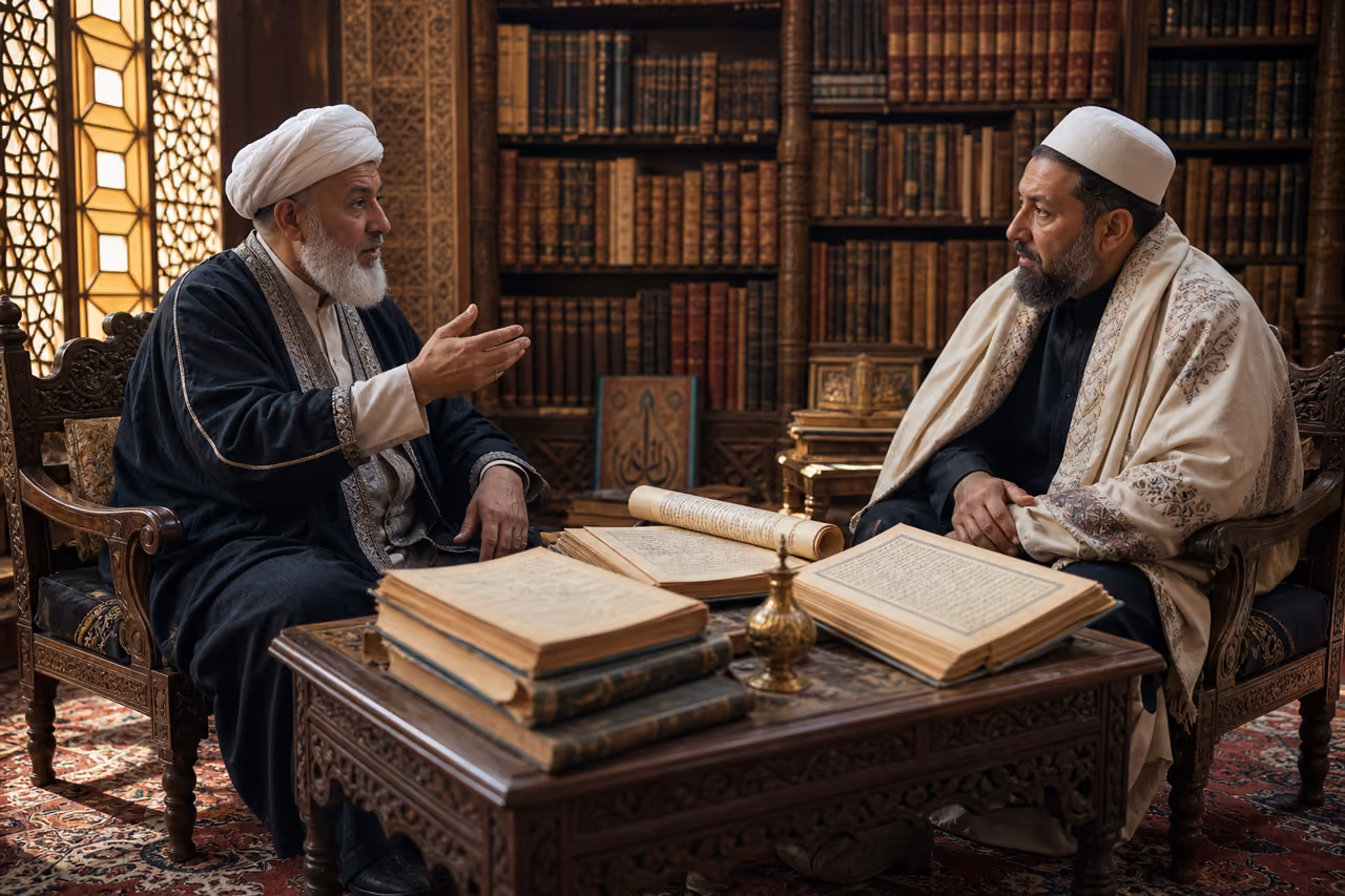 Islamic Scholars Engaging in a Theological Debate in a Library