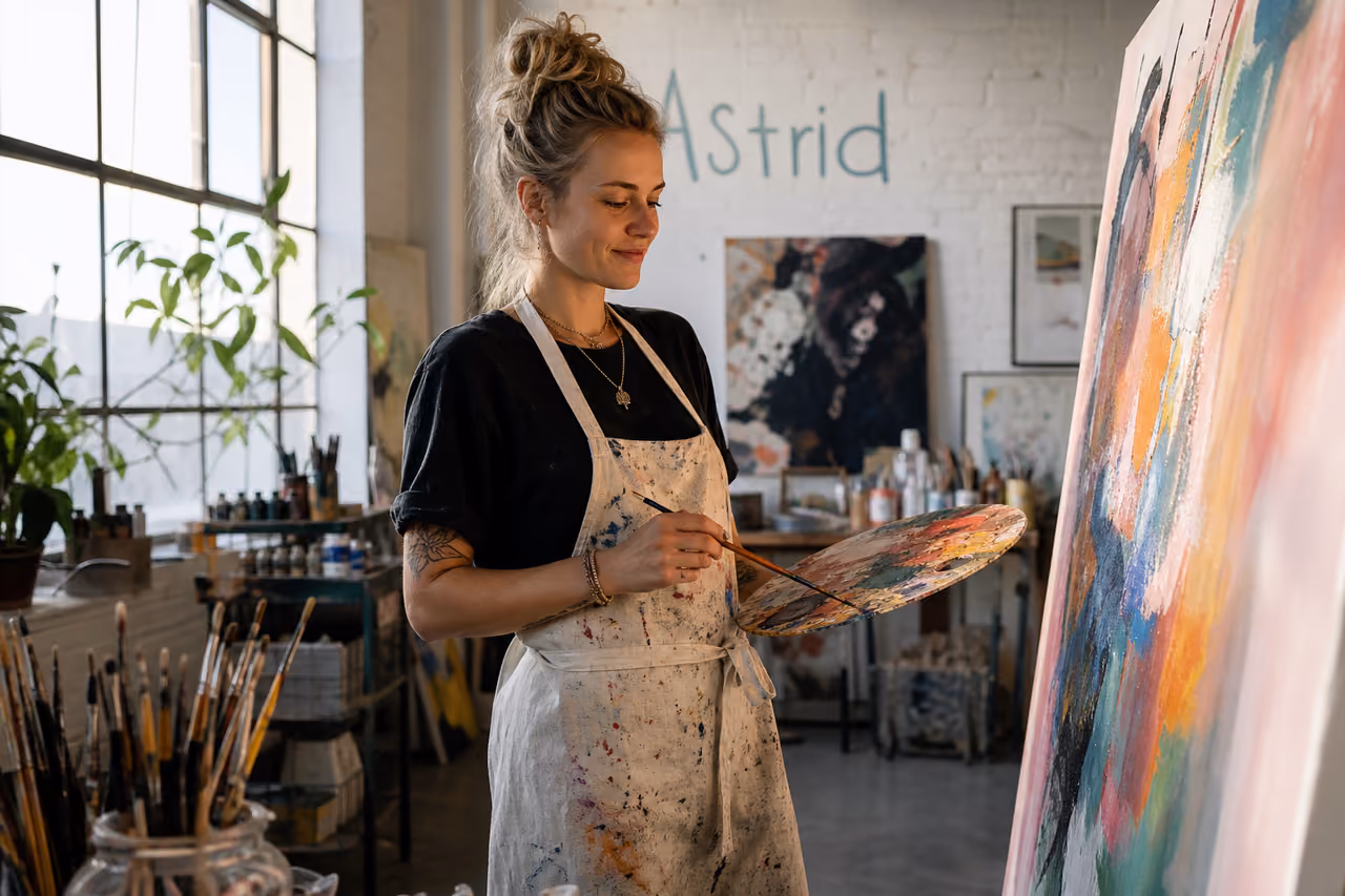 Female Artist Painting Abstract Work in a Sunlit Studio