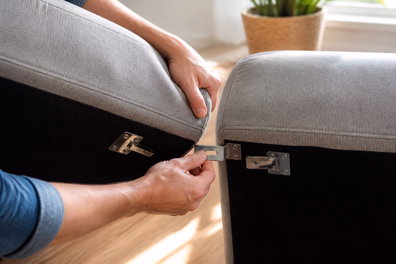 Hands Separating a Sectional Sofa in a Modern Living Room