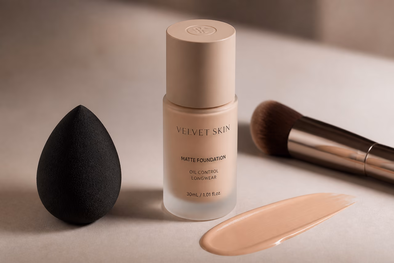 Matte Liquid Foundation and Makeup Tools on Neutral Background