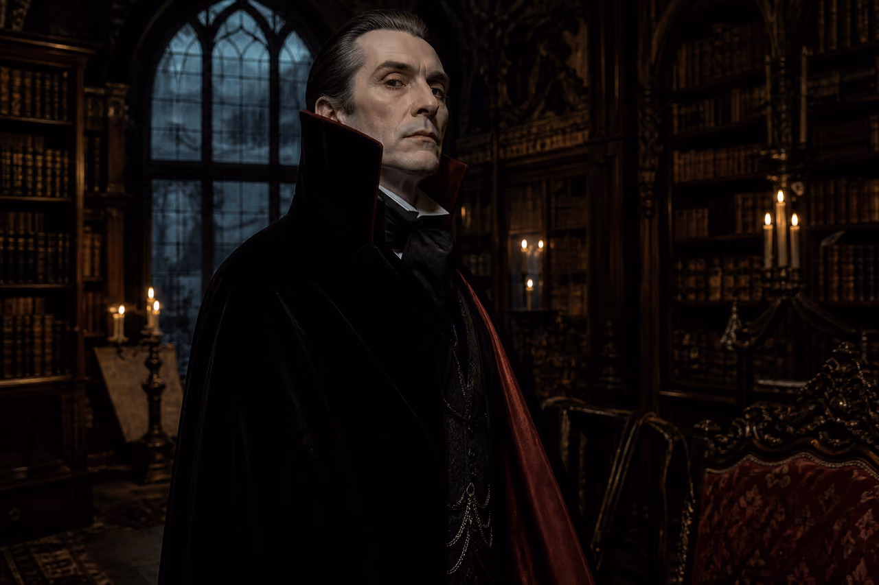 Gothic Vampire in a Dark Castle Library