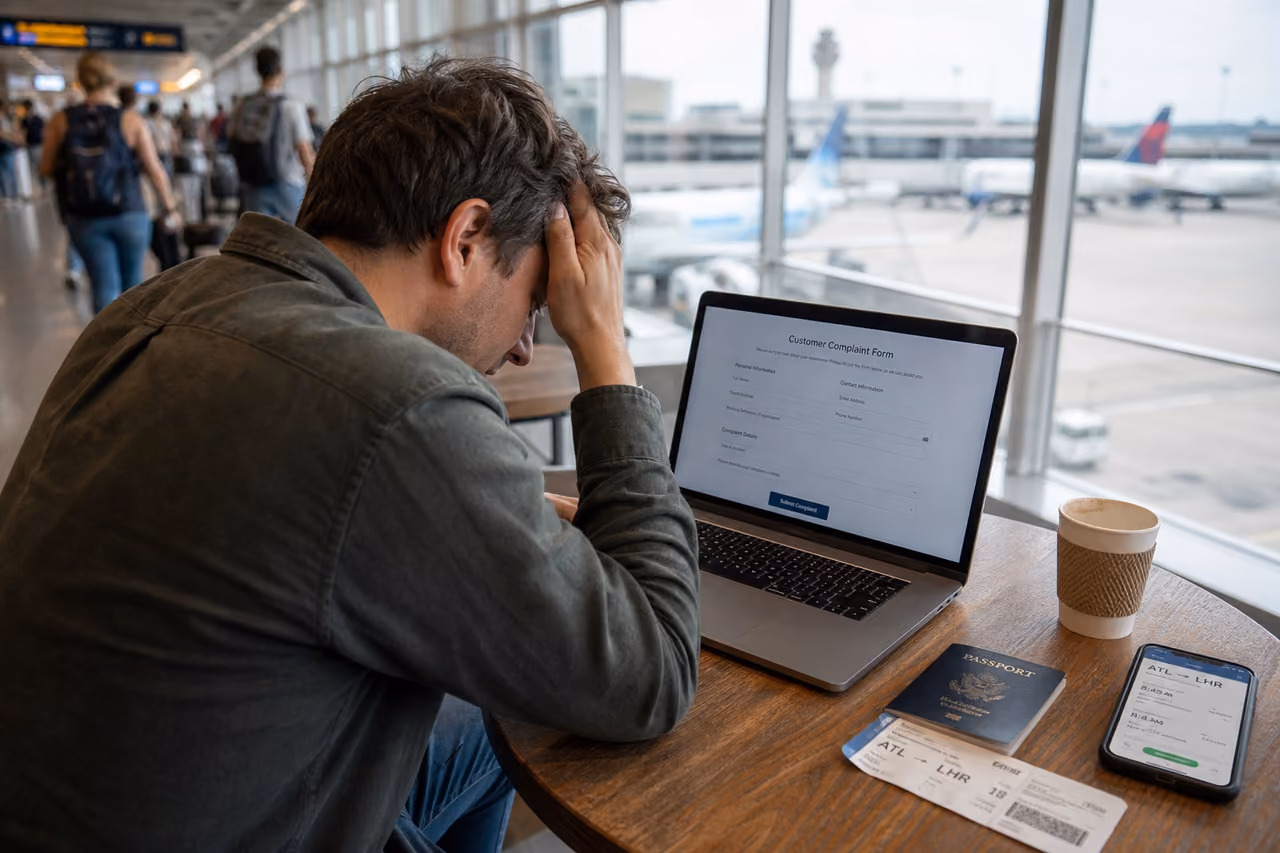 Frustrated Traveler Filing a Dhs Trip Complaint at Airport
