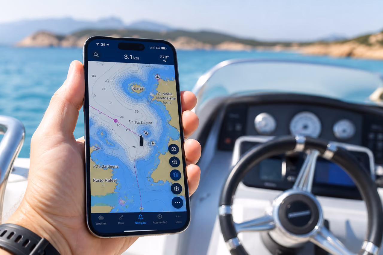 Hand Holding Android Phone with Boating Navigation App on Boat