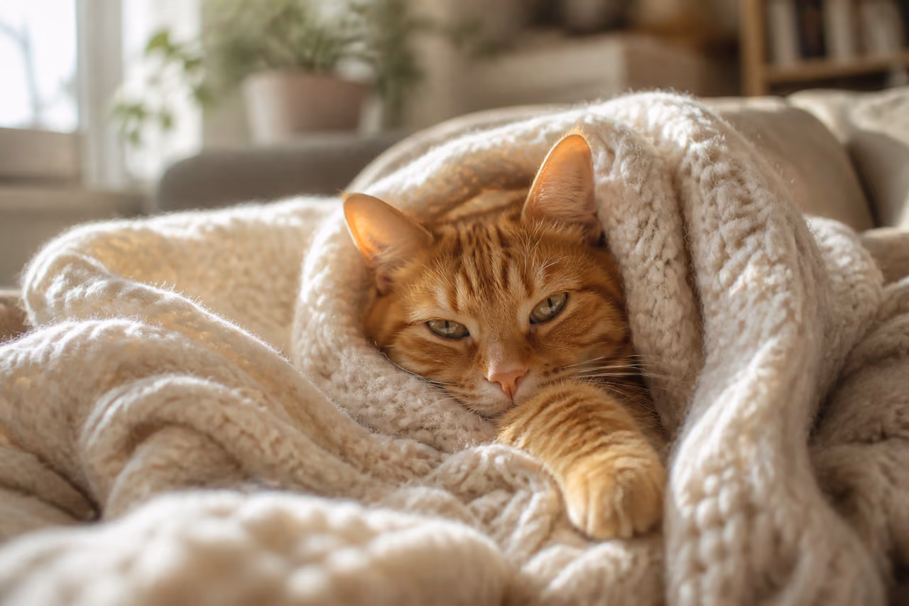 Ginger Tabby Cat Curled in a Cozy Knit Blanket