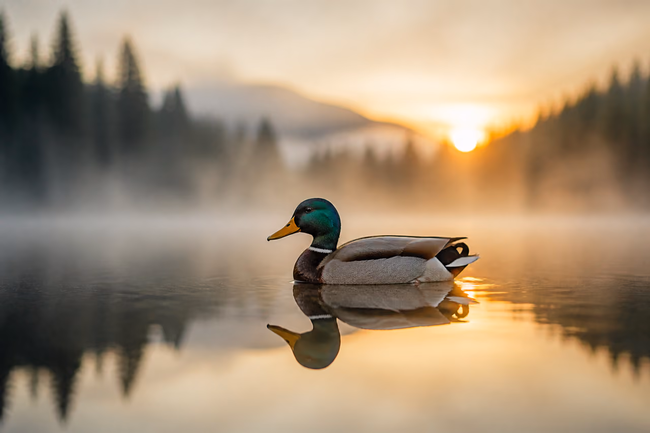 Mallard Duck Reflecting on Still Lake at Sunrise