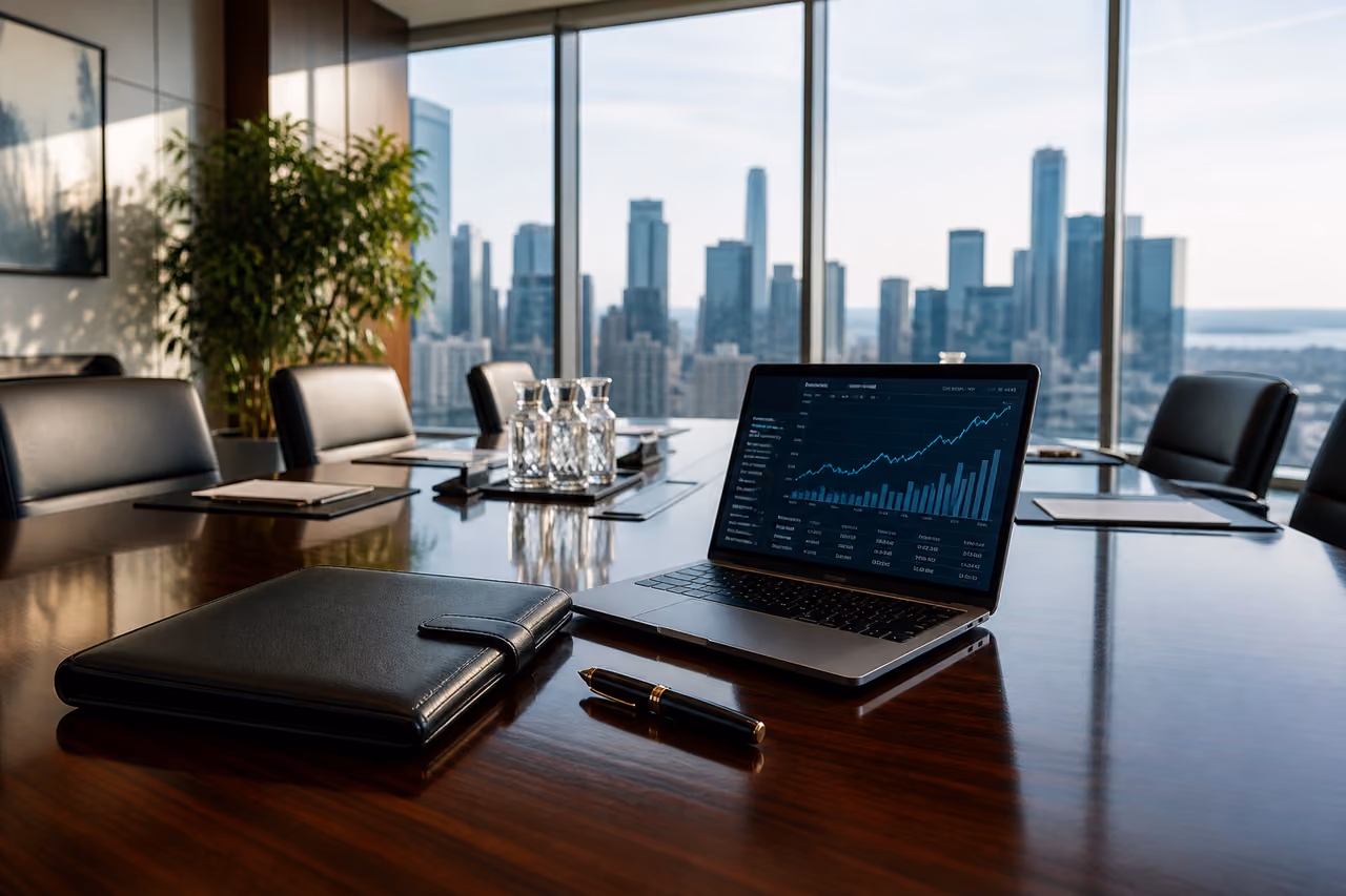 Luxury Corporate Boardroom with City Skyline View