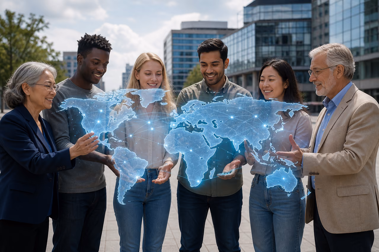 Diverse Group of People Holding Glowing World Map