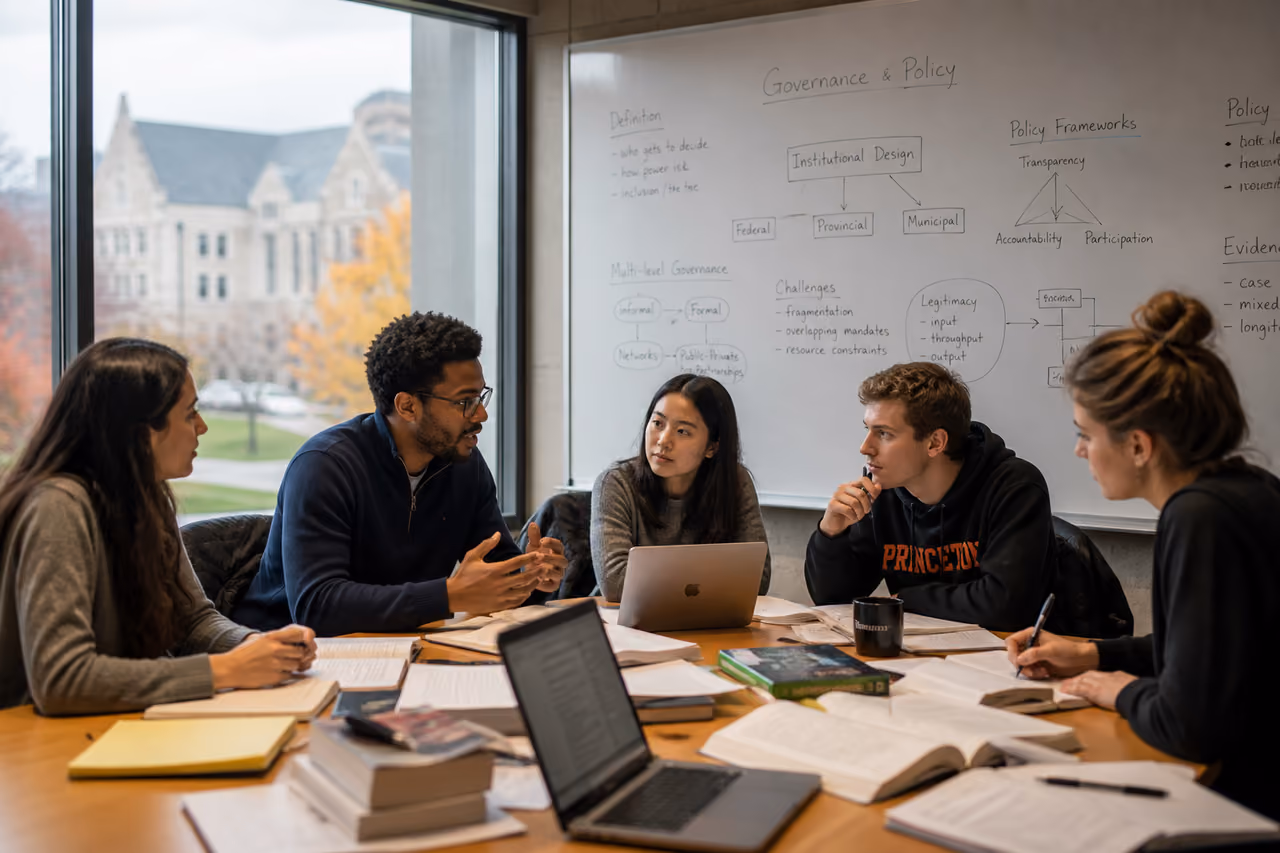 Graduate Students Discussing Governance in a University Seminar Room