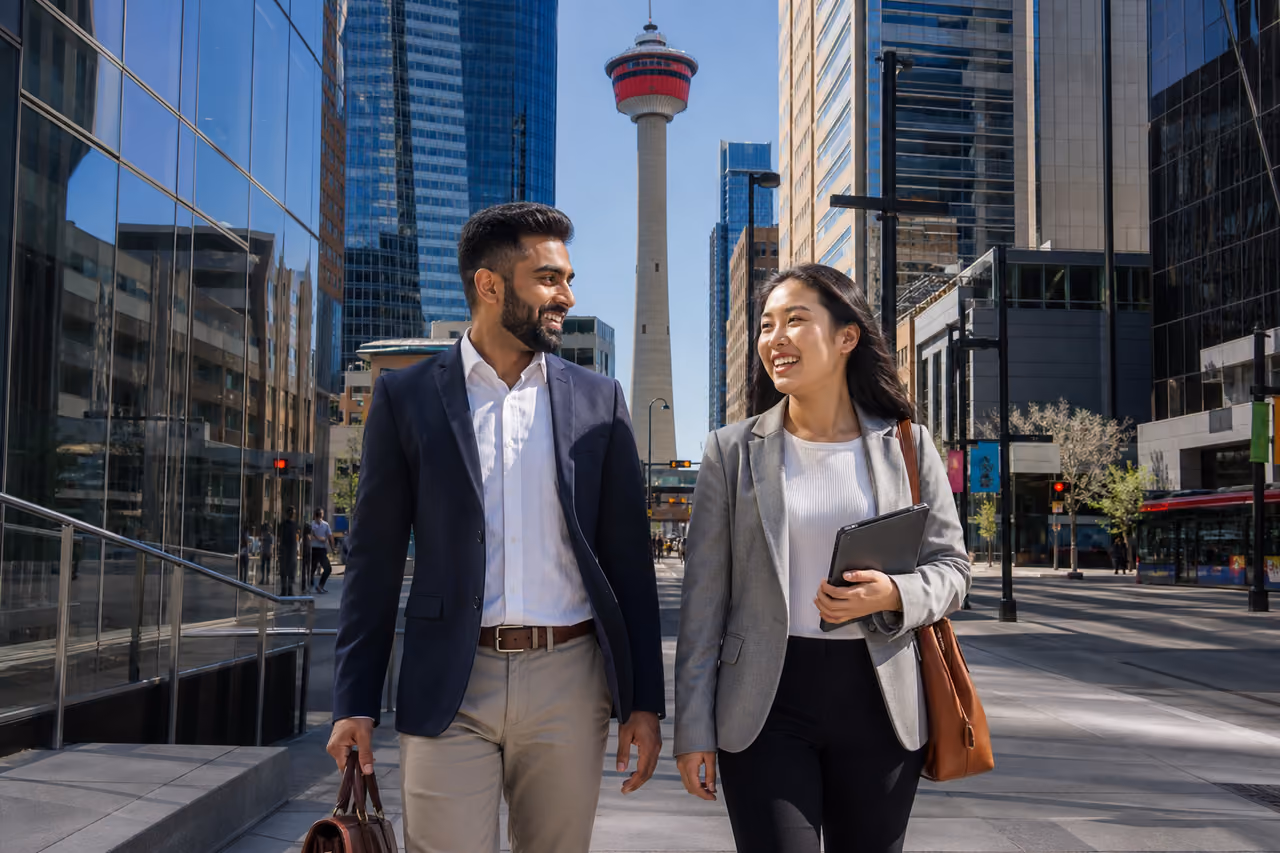 Diverse Professionals Walking Through Downtown Calgary
