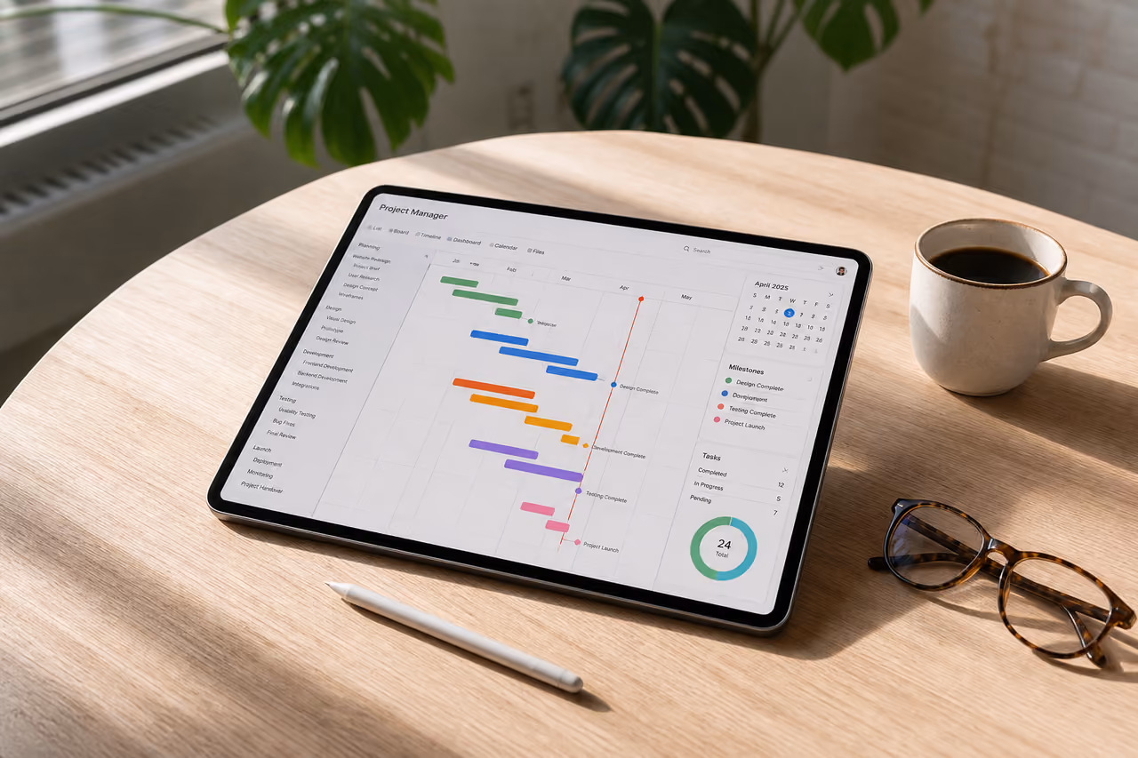 Digital Project Manager Calendar Displayed on Tablet in Modern Office