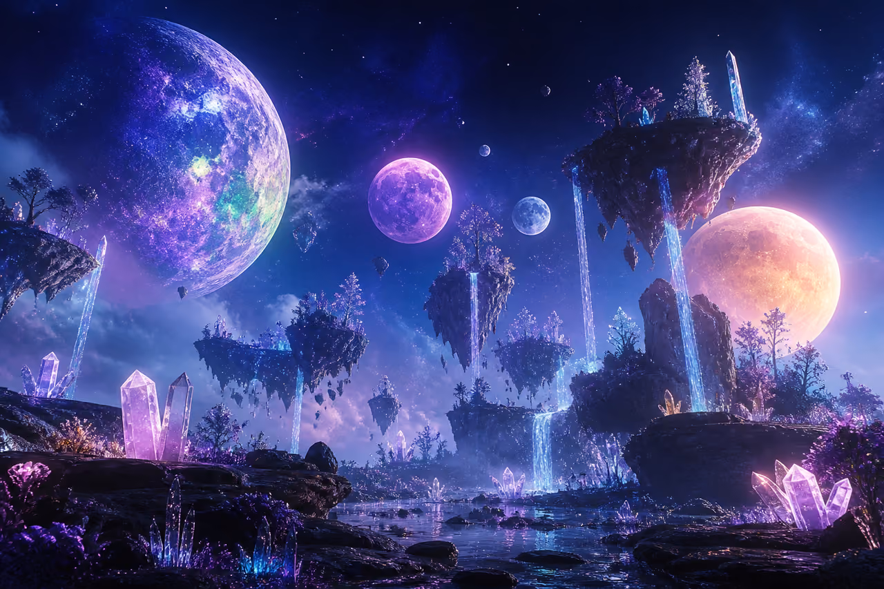 Multiple Glowing Moons Over a Surreal Floating Landscape