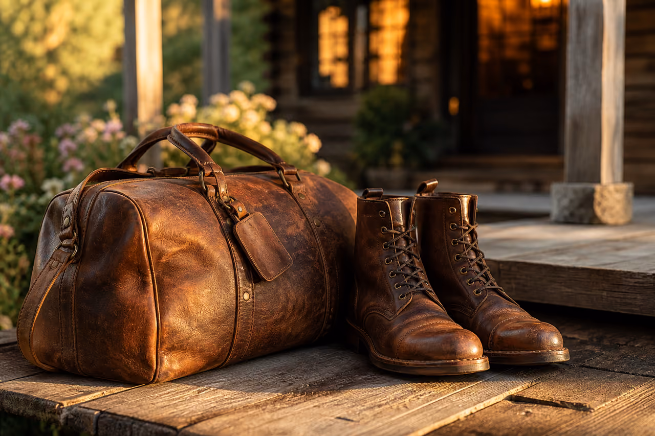Weathered Leather Bag and Boots on a Rustic Porch