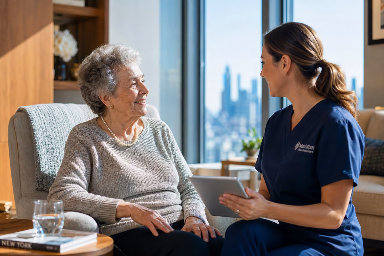 Caregiver Assisting Senior Woman in New York Assisted Living Facility