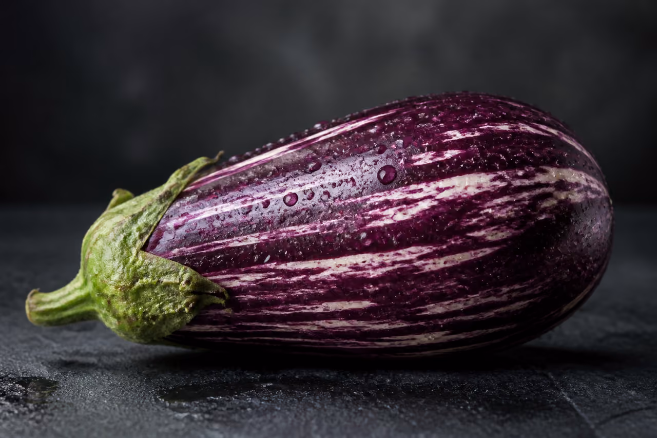Fresh Pinstripe Eggplant on Dark Slate Surface