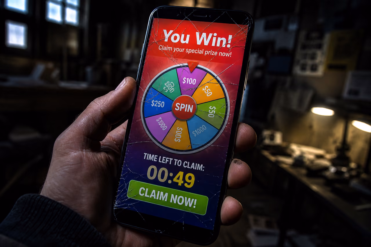 Deceptive Prize Wheel Scam on a Smartphone Screen