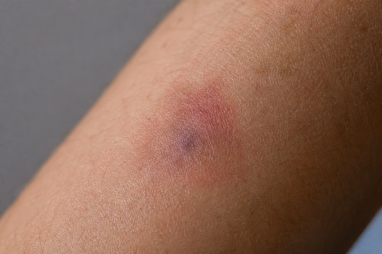 Bruised Skin on Forearm from Scratching an Insect Bite