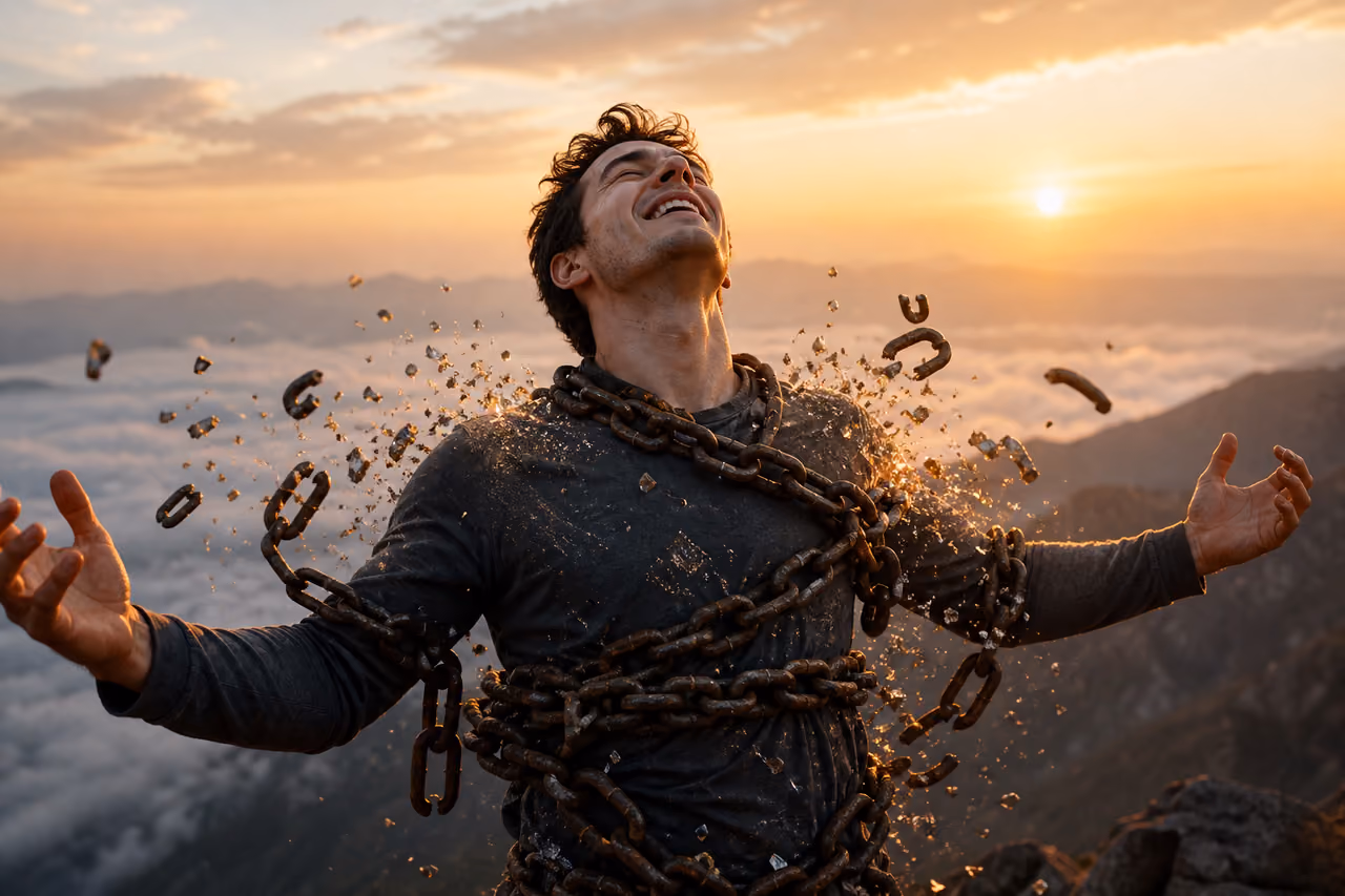 Person Breaking Heavy Chains on a Mountain Peak at Sunrise