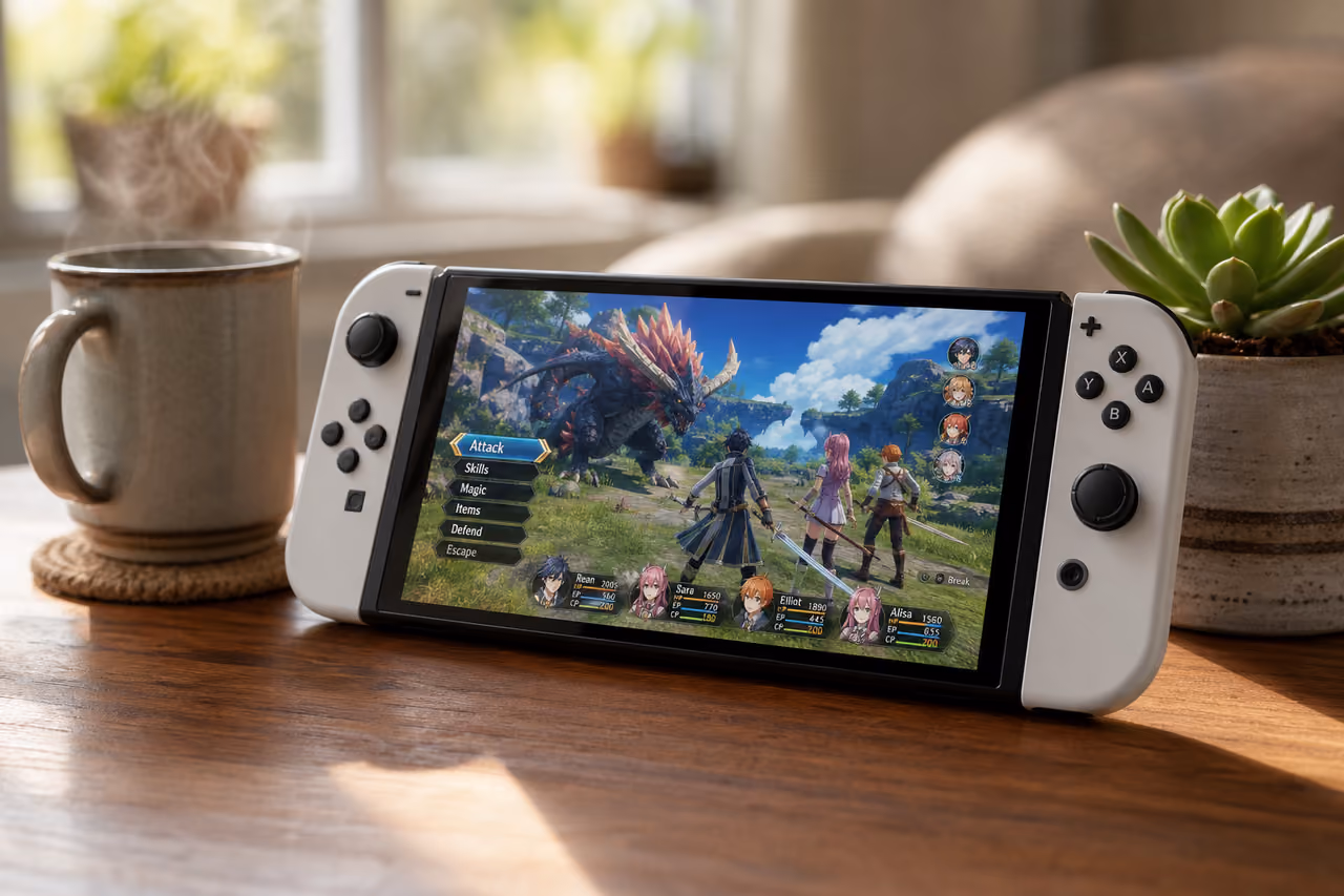 Handheld Gaming Console Playing Fantasy Rpg on Wooden Table