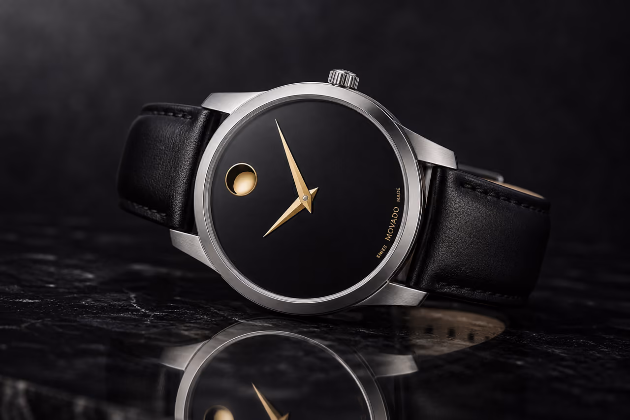 Movado 3600509 Minimalist Watch on Reflective Dark Surface