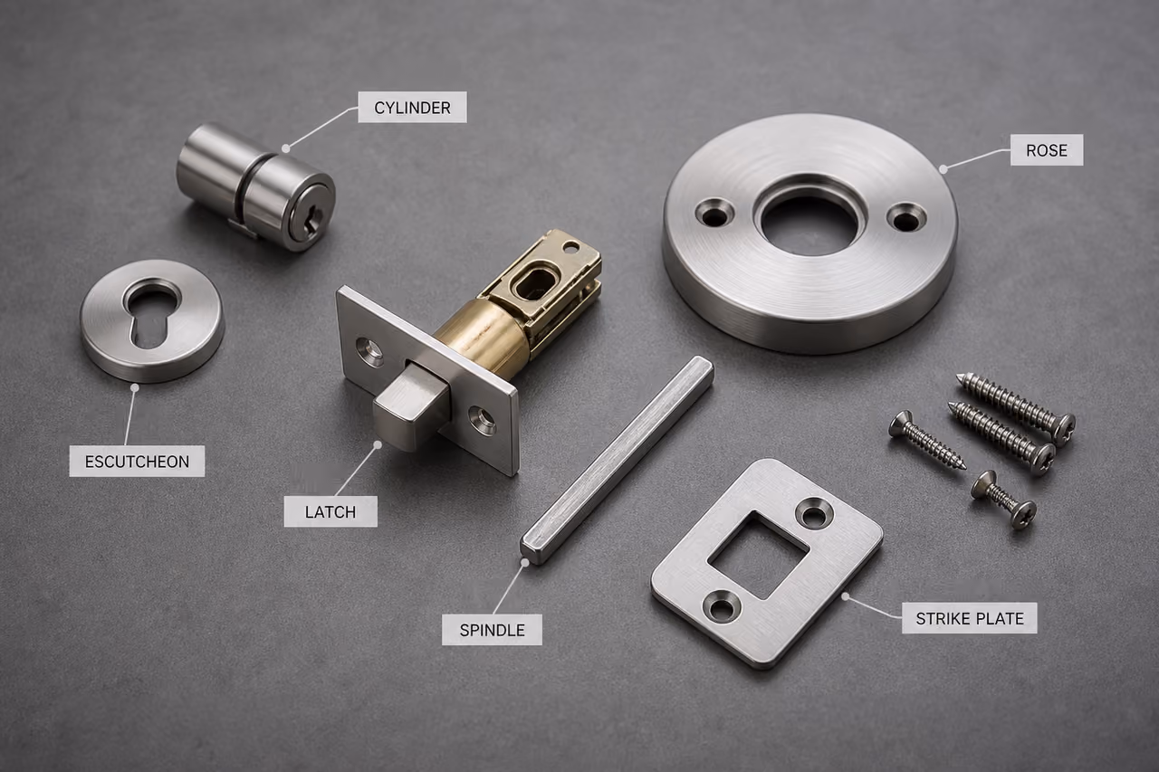 Disassembled Door Lock Components Arranged for Technical Nomenclature