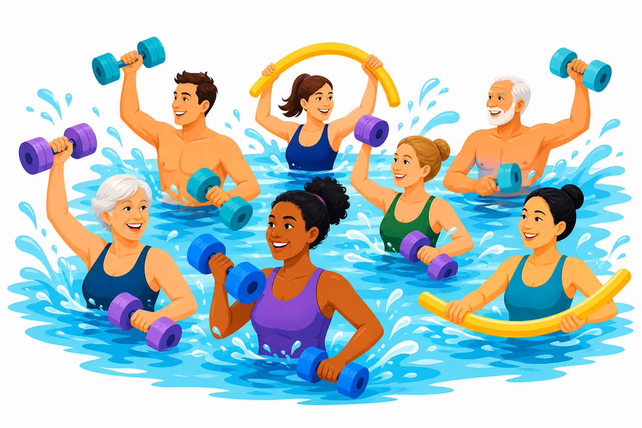 Diverse Group Performing Aqua Aerobics in a Swimming Pool