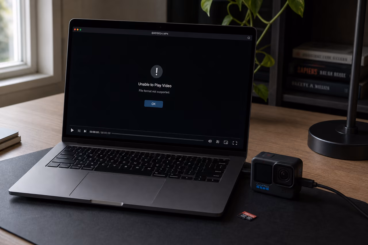 Laptop Displaying Playback Error with Connected Action Camera