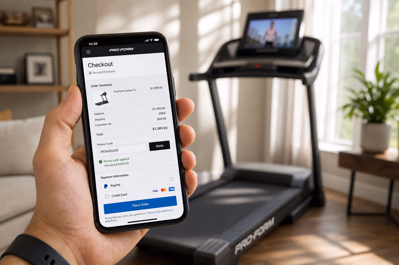 Person Applying Discount Code on Smartphone Near Home Treadmill