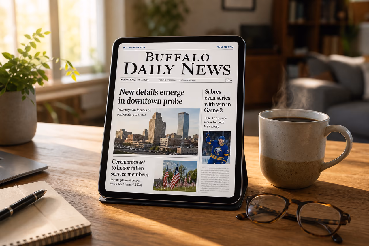 Digital Buffalo Daily News on Tablet with Coffee