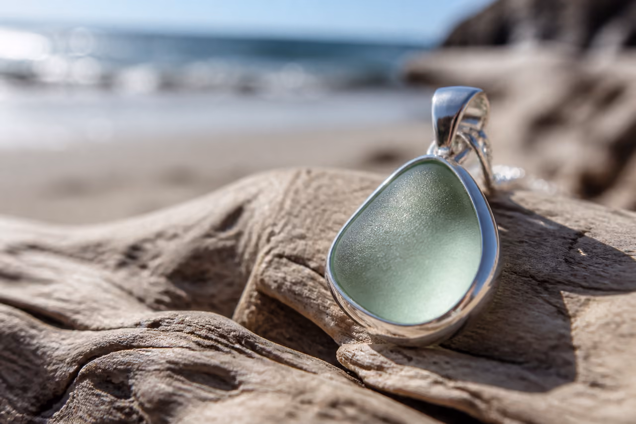 Handcrafted Bezel Sea Glass Jewelry Resting on Driftwood