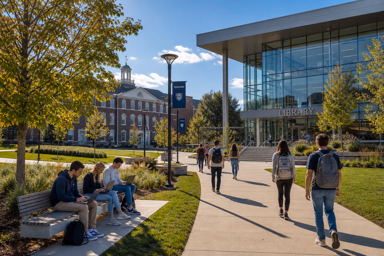 Modern Academic Buildings and Student Plaza on a College Campus