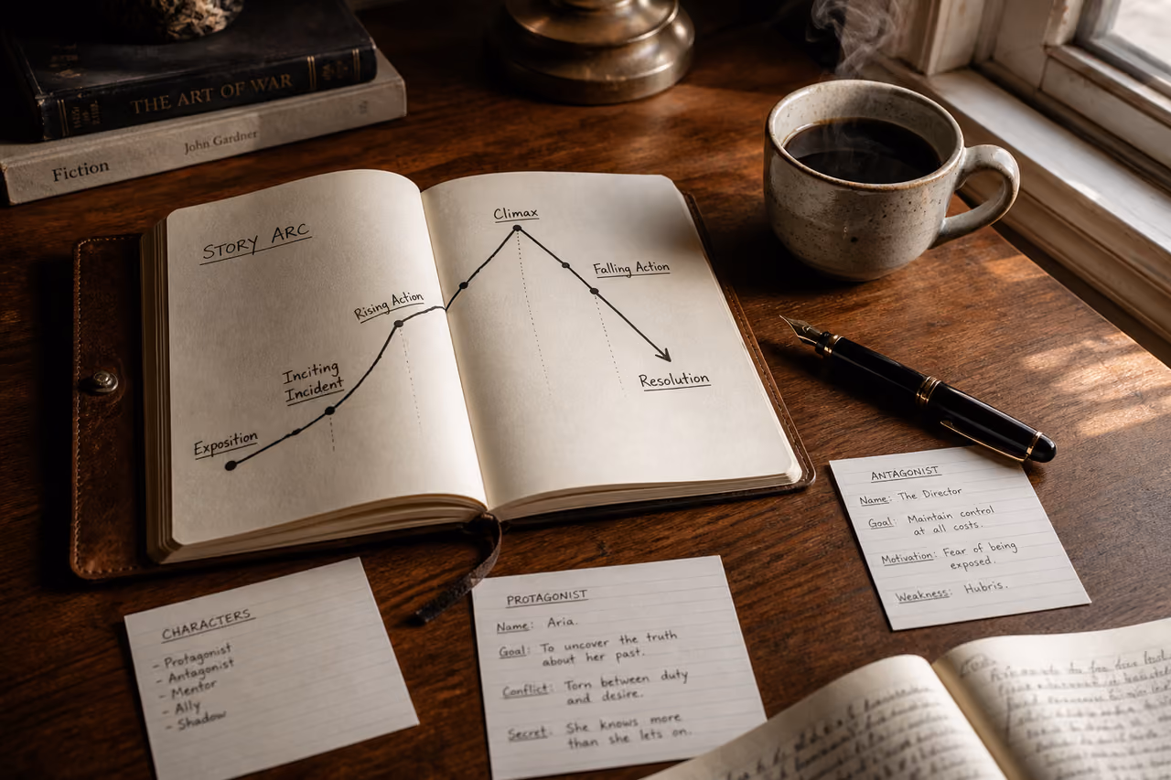 Writer Sketching a Narrative Arc Diagram in a Notebook