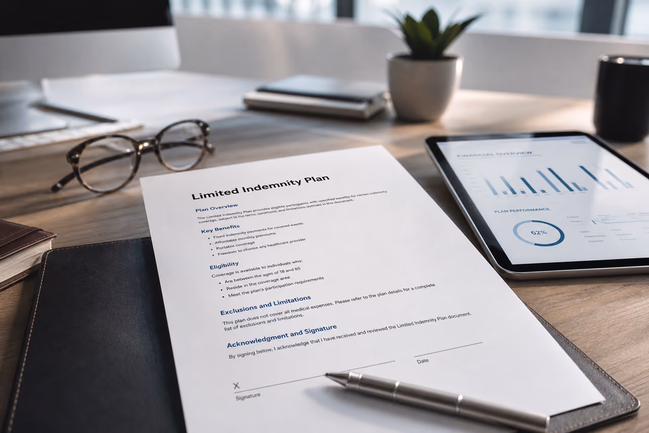 Insurance Document for Limited Indemnity Plan on Office Desk
