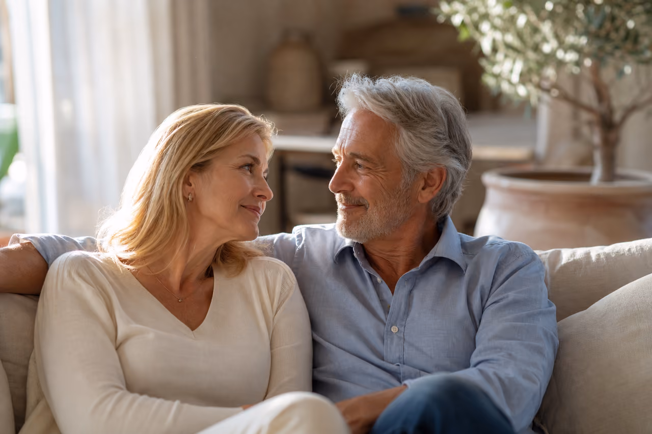 Mature Couple Sharing an Intimate Moment on a Living Room Sofa