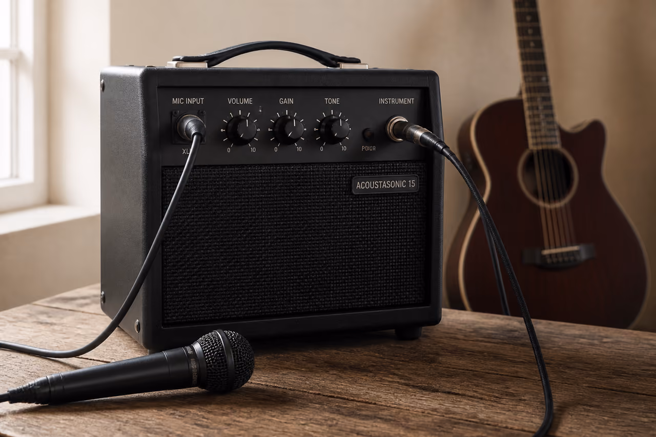 Portable Guitar Amp with Mic Input on Wooden Table