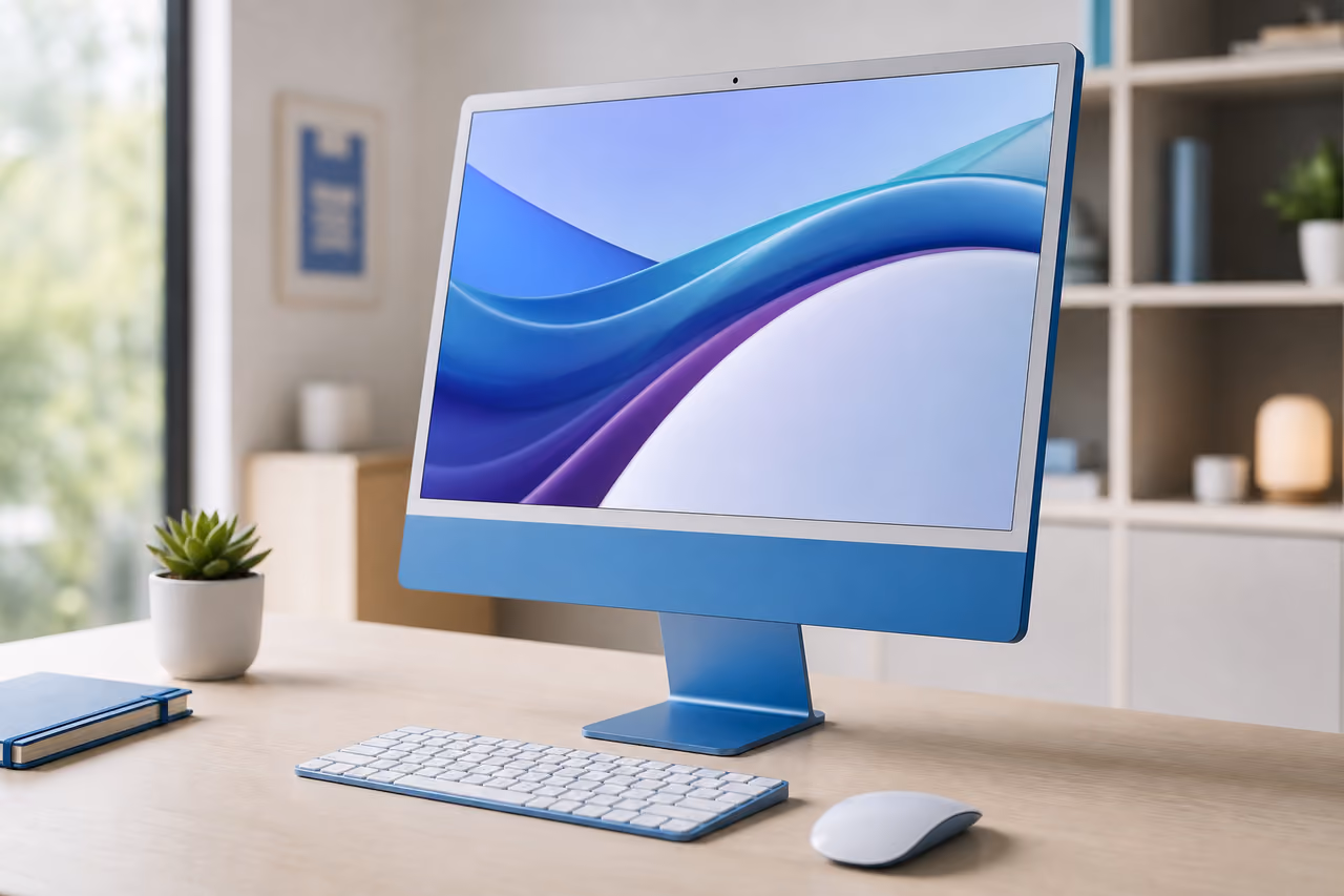 Blue 24 Inch All-in-One Desktop Computer on Minimalist Desk